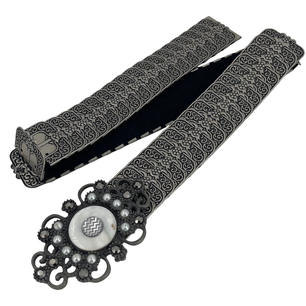 Vintage Boho Western Goth Wide Silver Black Filigree Stretch Belt Ornate Buckle